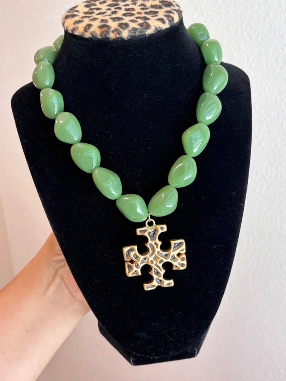 Tory Burch | Gold Plated Icon Pendant Necklace w/Green Beads | Magnetic Closure